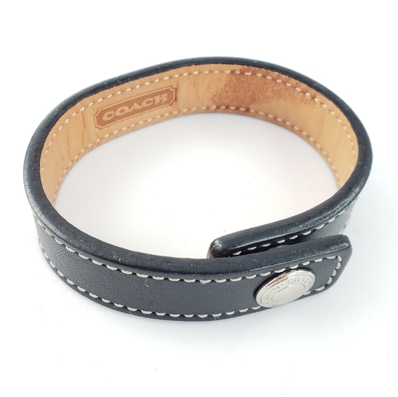 Coach Jewelry - Coach Bracelet Black Leather Cuff Silver Tone
